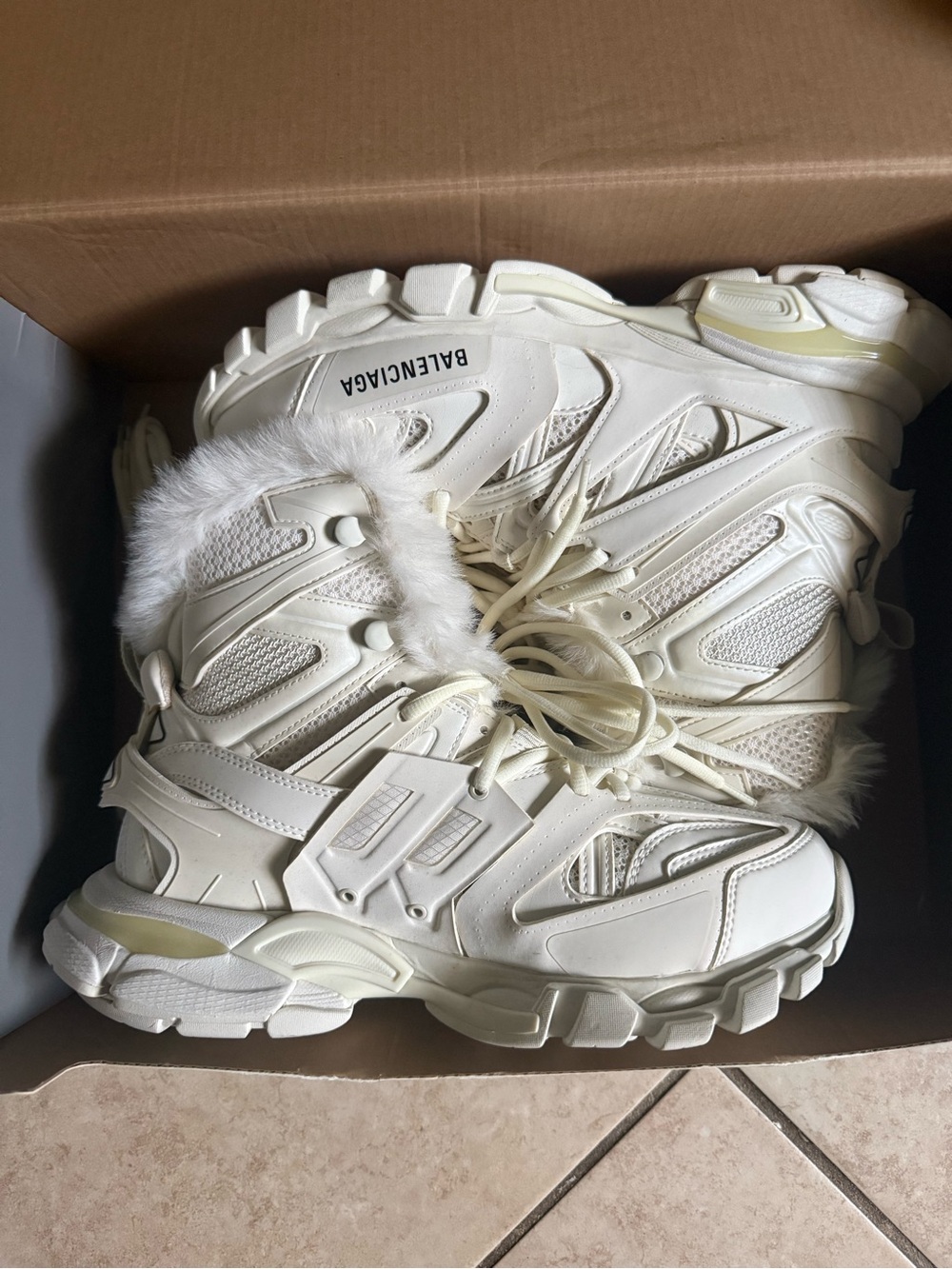 Balenciaga White Fur-Trim Track Sneaker Boot